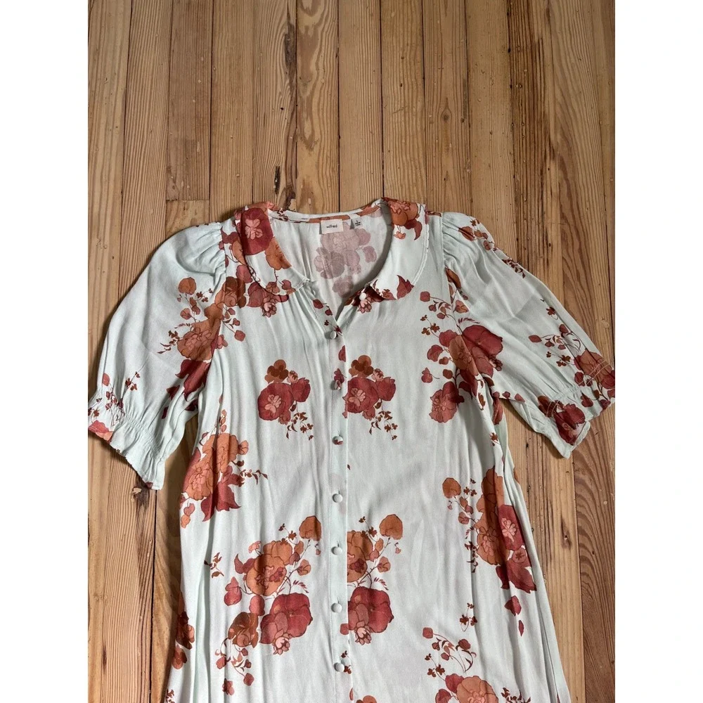 Wilfred Poppins Dress Floral Print Puff Sleeve Peter Pan Collar Button Up Size S